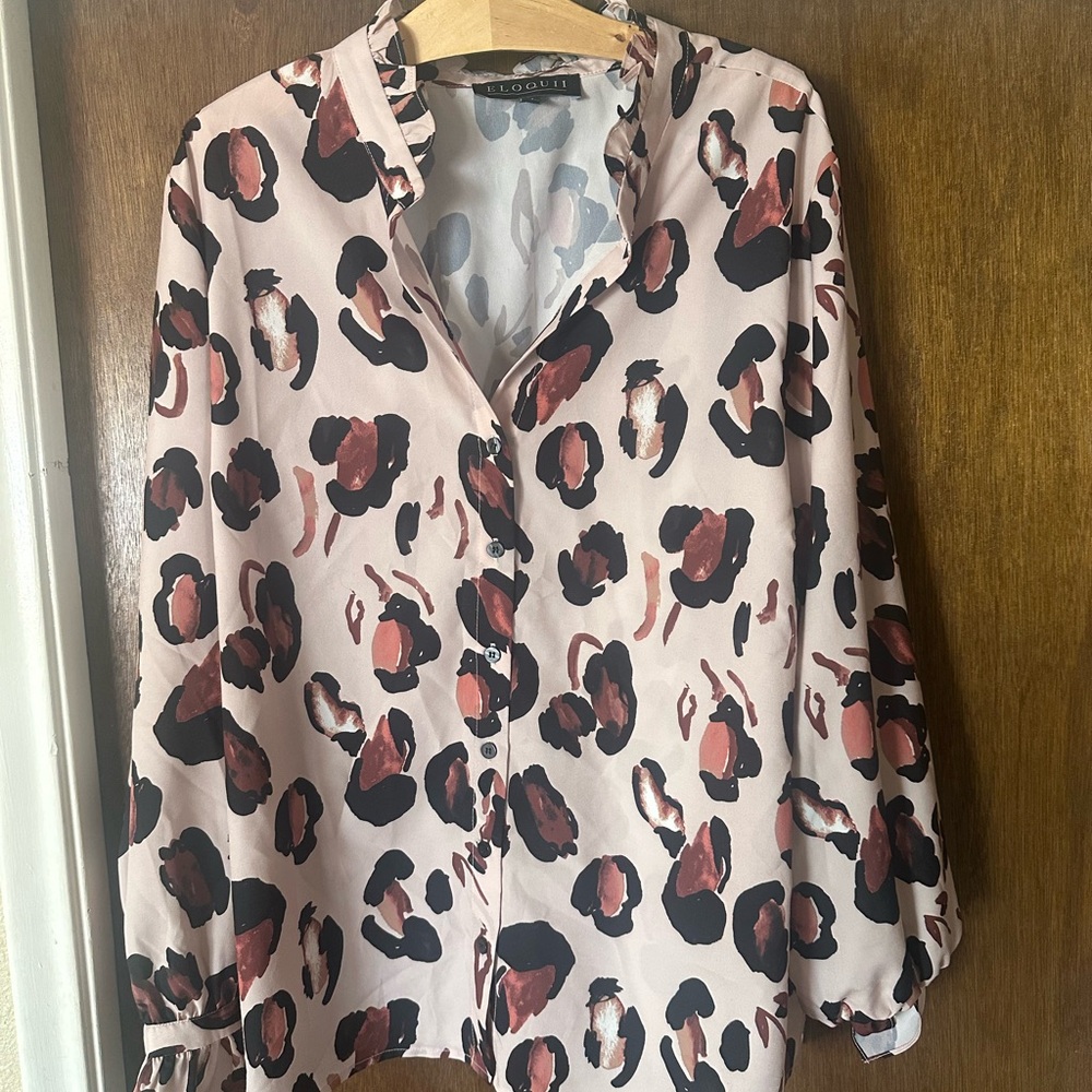 Eloquii Pink and Black Animal Print Button-Down Shirt
